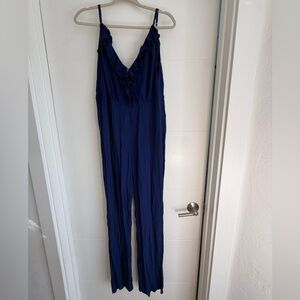 Privacy Please Deep Blue Ruffle V-Neck Jumpsuit